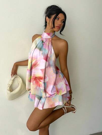 Aloruh Avslappnad elegant romantisk retro färgglad akvarell ombre tonad blommönster, lämplig för strand, vår/sommar, bekväm damklänning med blommigt tryck och rygglös halterneck