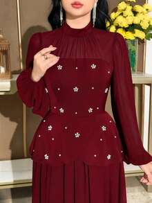 Modelyn Women's Elegant Party Peplum Waist Lantern Sleeve Pearl Decor Long Dress With Flared Hem, Spring/Autumn - Burgundy - View 6
