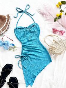 INAWLY Women's Summer Sexy Vacation Style Solid Color Textured Fabric Asymmetrical Hem Drawstring Ruched Twist Front Halter Bodycon Dress - Baby Blue - View 2