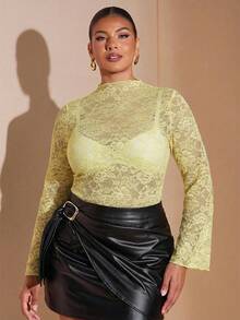SHEIN BAE 大码女式蕾丝透视长袖性感上衣 - 黃色 - 查看 6