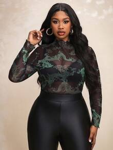 Truni 大码女士时尚性感龙纹薄纱上衣，适合梨形和三角形身材 - 彩色 - 查看 5