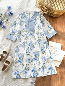 SHEIN Vintaside Kids 女童黄色碎花长袖连衣裙，时尚荷叶边设计，休闲外出穿着，春秋季款 - 藍色 - 查看 5