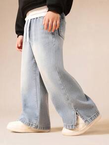 SUMWON Boys Pull-On Wide Leg Jeans With Drawstring Waist And Split Hem Details - Blue - View 5