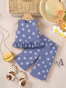 SHEIN Set de 2 piezas de camiseta de tirantes con volantes y pantalones para bebé niña en verano - Multicolor - Ver 5