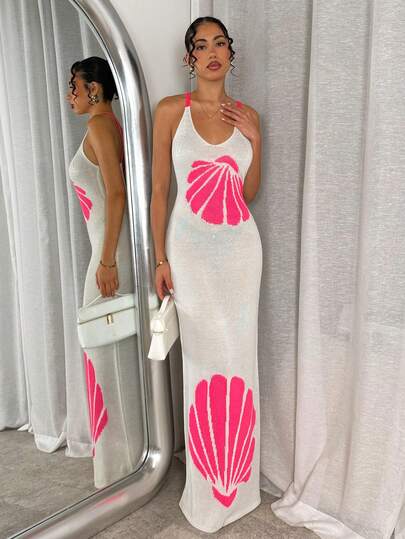 Glamine Women's Elegant Romantic Shell Jacquard Color Block Knit Camisole Dress, Vacation