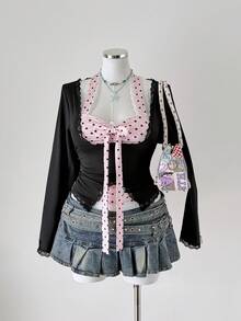 Sunspun Women's Contrast Color Bow Lace Trim Neck Splice Long Sleeve T-Shirt, Fashionable Design - Multicolor - View 6