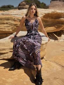 MOTF STUDIO VESTIDO DE MUJER CON TIRANTES FINOS, ESTAMPADO FLORAL, VOLANTES EN LA CINTURA Y CINTURÓN, PARA VACACIONES, PRIMAVERA/VERANO - Multicolor - Ver 6