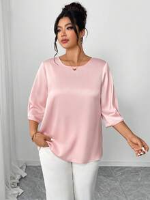 Elenzga Áo kiểu nữ cỡ lớn màu hồng lãng mạn cổ tròn tay lửng, cổ tay bồng thoải mái, thanh lịch và đa năng cho mùa xuân/hè, phù hợp cho các buổi họp mặt, tiệc trà chiều, đám cưới, tiệc tùng. - Hồng - Xem 4