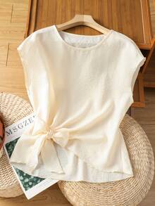 Franclia Elegant Round Neck, Casual And Versatile, Irregularly Tied Hem, Apricot Short-Sleeved Women's Blouse, Summer Top, Women's Beach Wear, Women's Holiday Wear, Women's Casual Top, Apricot Top.Fashionable Casual Commuter Wear, Business Office Wear, Versatile And Stylish Everyday Casual Wear, Urban Teacher's Professional Attire - Apricot - View 1