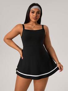 Rhythm Era 大码女式休闲无袖连衣裙，露背设计，撞色拼接，内置短裤和口袋，适合日常休闲穿着、跑步、瑜伽、健身、网球等运动。