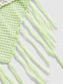 ROMWE Avant Women's Vintage Vacation Style Beaded Halter Neck Hollow Out Fringe Hem Sexy Knit Top - Green - View 4