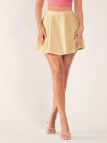 SHEIN BASICS 女士休闲纯色简约迷你裙 - 杏色 - 查看 3