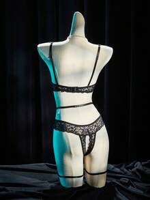 SpicyHot 3件套蕾丝钢圈文胸和开裆内裤性感内衣套装 - 黑色 - 查看 2