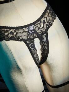 SpicyHot 3件套蕾丝钢圈文胸和开裆内裤性感内衣套装 - 黑色 - 查看 6