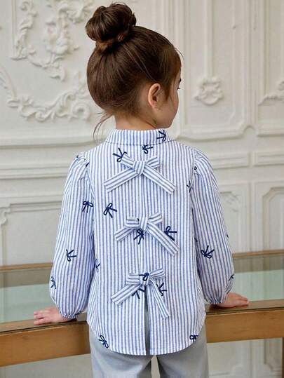 Elladie kids 女童条纹蝴蝶结装饰长袖衬衫