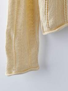 SHEIN Franclia Jersey de punto de cuello redondo de manga larga color albaricoque para mujer, capa fina y ajustada con calado, parte superior ligera para principios de otoño - Albaricoque - Ver 4