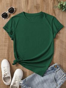 INAWLY Plus Size Casual Solid Color Short Sleeve T-Shirt, Summer - Dark Green - View 1