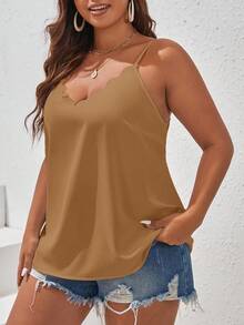 SHEIN Frenchy Áo camo dáng rộng, màu trơn, dây mảnh, viền ren, cỡ lớn, thoải mái cho mùa hè. - Màu Khaki - Xem 3