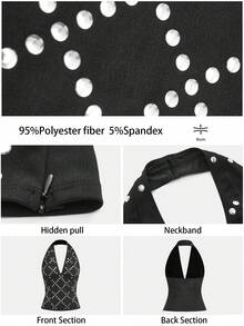 Maija Áo nữ thời trang cổ yếm hở lưng màu đen đính sequin họa tiết kim loại, thích hợp đi chơi, dự tiệc, lễ hội, ngày Valentine, mùa xuân đến hè. - màu đen - Xem 5