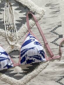 Swim Vcay 大码女士印花露背吊带比基尼上衣 - 彩色 - 查看 3