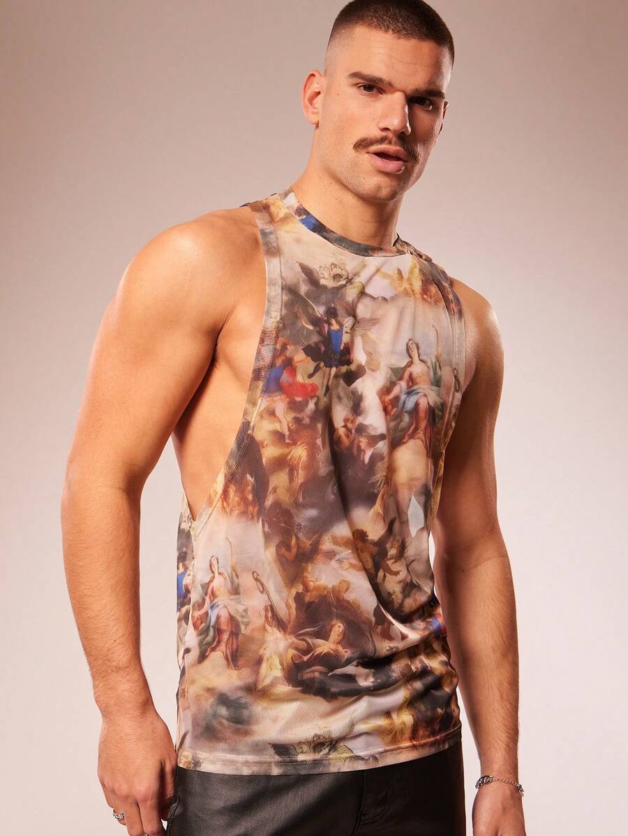FeverCity Men's Angel Print Casual Crew Neck Tank Top - Coffee Brown - View 1