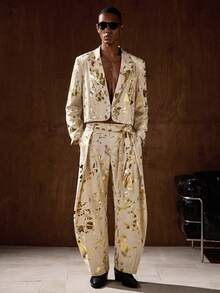 AKNOTIC Business Casual 男士时尚派对宴会全印花金色尖领西装外套和褶裥锥形西装裤套装 - 金色 - 查看 6