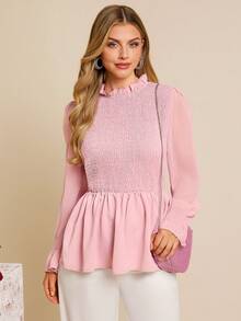 Amorya Women's Elegant New Ruffle Trim Loose Blouse, Versatile Casual Shirtcarnival Costume Women Valentine's Day  Summer Outfits  Vacation Outfits Women  Carnival Costume Pink Blouse - Pink - View 8