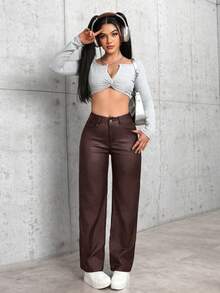 SHEIN PETITE 女款休閒日常通勤純色寬鬆直筒長褲，適合嬌小女性 - 酒紅色 - 查看 4