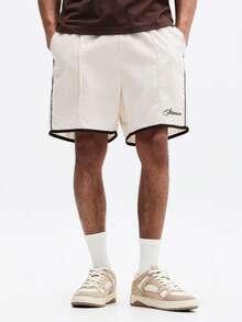 SUMWON Cream Scripted Logo Basketball Style Shorts With Black Piping Details And Drawstring Waist Summer Casual Wear - Apricot - View 3