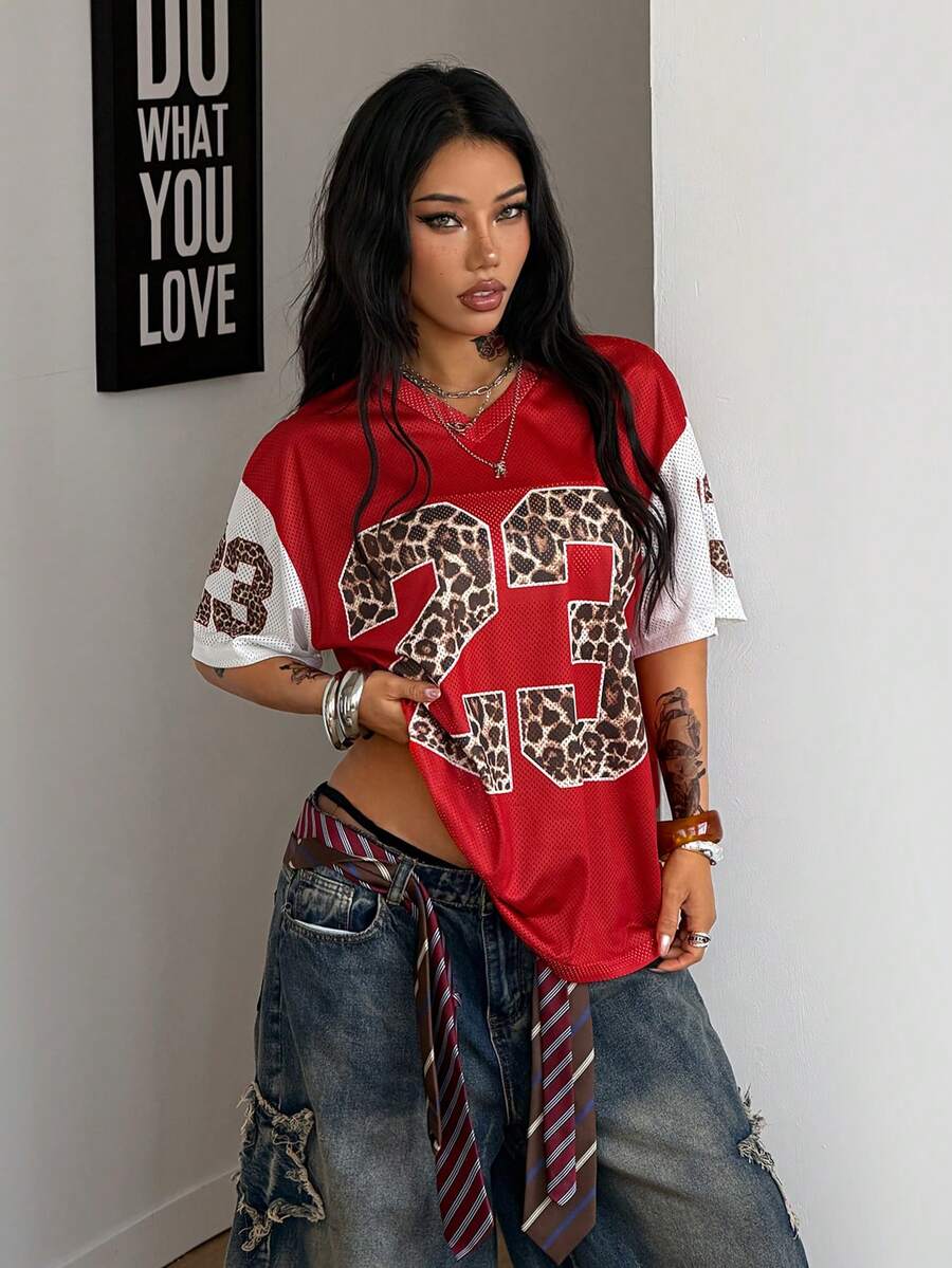 Coolane Maglietta da baseball oversize con stampa numerica, abbigliamento sportivo vintage da donna per festival estivi - Multicolore - Visualizzare 1