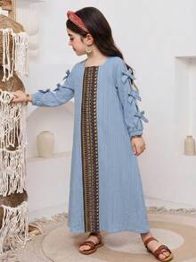 SHEIN DRMZ Young Girl Sky Blue Autumn Elegant Traditional Wedding Flamingo Print Long Sleeve Dress,Pink Floral Arabian,Kaftan Prayer Jalabiya Clothes - Blue - View 5