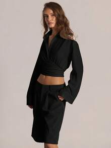 MUSERA 女士束腰长袖V领纽扣衬衫，适合节日、假日、派对、春夏复活节穿着。 - 黑色 - 查看 3