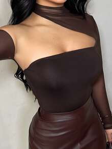 Dayanna Comas 女士黑色網紗接縫不對稱無肩帶連體衣，演唱會裝，裝備套裝，節日裝，夏季上衣 - 咖啡棕 - 查看 5