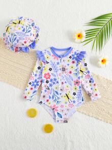 女婴碎花长袖连体泳衣,带帽子 - 彩色 - 查看 4
