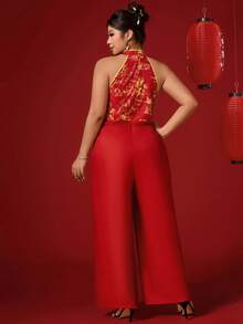 Elenzga Newly Designed Chinese-Style 2025 Red All-In-One Pants Asian Dress Chinese Dress Cheongsam Dress Asian Inspired Apparel Qipao Dress  Dignified, Elegant, Suitable For New Year, Festivals, Partie Sexy Tops Gold