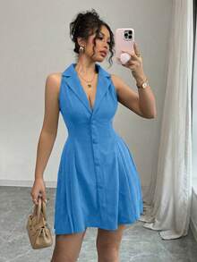 Elenzga Vestido mini elegante de mujer de unicolor con botones delanteros y sin mangas - Celeste - Ver 3