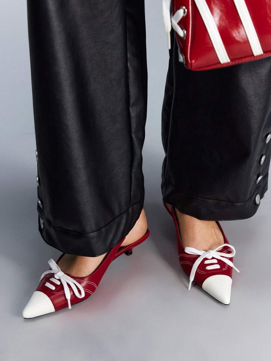 CUCCOO GRLICON New Red & White Color Block Pointed Toe Lace-Up Kitten Heel Shoes, Niche Design Motorcycle Style, Suitable For Spring/Summer, Vacation, Travel, 2000s Fashion - Red and white color matching - View 1