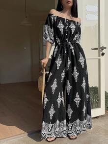 DAZY Women's Off-Shoulder Vacation Style Printed Loose Straight Leg Jumpsuit, Casual City Wear Summer Romper - Black - View 5