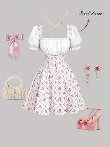 SHEIN MOD 复古格子玫瑰印花拼接二合一连衣裙，泡泡袖，荷叶边，蕾丝饰边，交叉系带——休闲、可爱、甜美；适合度假、约会、野餐、派对、舞会、节日和生日穿着；浪漫迷人。 - 白色 - 查看 2
