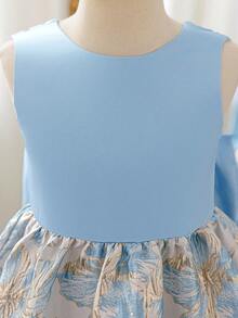SHEIN Glamorique Kids 少女洋裝，大蝴蝶結，適合正式場合，生日派對花童，夏季，舞會禮服婚禮藍金優雅 - 藍色 - 查看 8