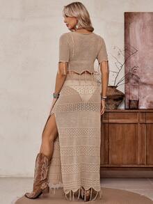 SHEIN LilyWest Western Style New Hollow Tassel Hem Round Neck Short Sleeve Cropped Top And A-Line Long Skirt Two Pieces Knit Set, Versatile - Khaki - View 2