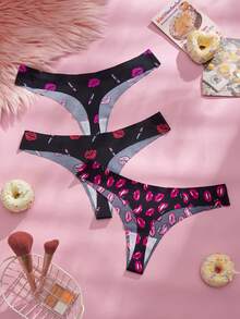 Eraneu 3pcs/Pack Women's Sexy Red Lip Print Thong Panties Ladies Panties Sexy Thongs For Women Lips Print Thong Cute Panties - Multicolor - View 2