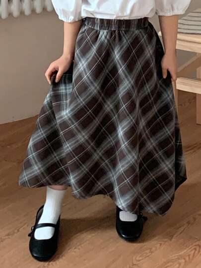 DAZY Young Girls Woven Plaid Asymmetric Skirt, Fall