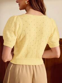 Vintamour 女士刺绣圆领短袖休闲针织开衫 - 黃色 - 查看 2