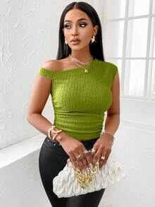 SOLERSUN Women's Solid Color Ruched Slim Fit Casual Shoulder Strap Top - Green - View 5