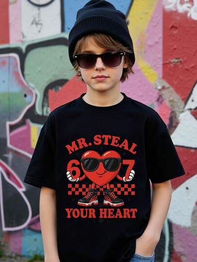 男童时尚休闲酷炫 Six Seven 67 爱心印花短袖圆领T恤，卡通太阳镜爱心图案黑色上衣，外套，情人节套装