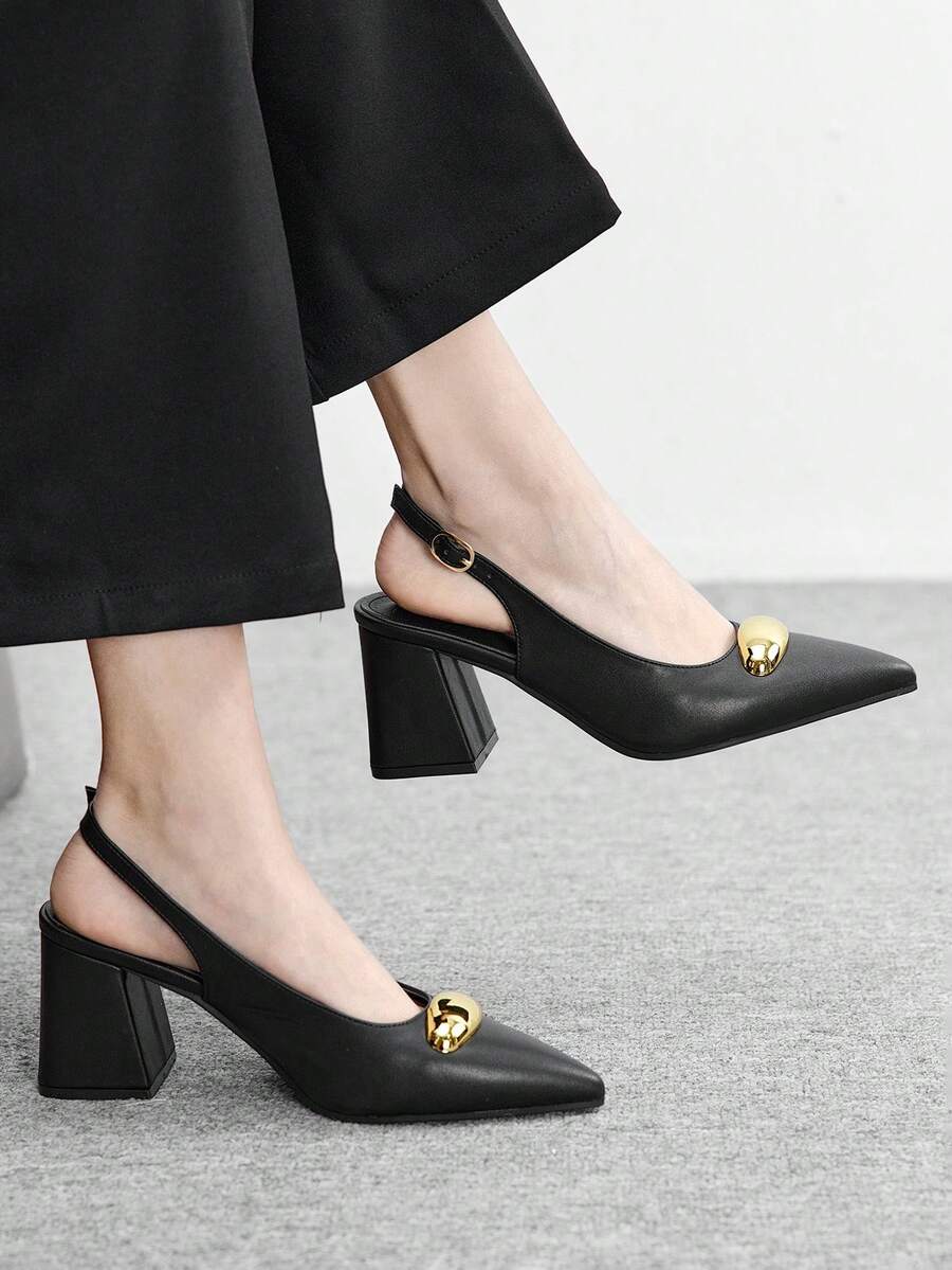 CUCCOO BIZCHIC Giày cao gót đế vuông màu đen đính kim loại thời trang dành cho nữ, kiểu dáng tối giản cổ điển, thích hợp đi làm, hẹn hò, dự tiệc, đi nghỉ lễ, dự đám cưới hoặc dịp Giáng sinh. - Than chì đen - Xem 1