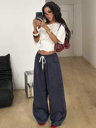 Coolane Women's Spring/Summer Streetwear Casual Vintage Homecoming Navy Blue Woven Striped Print Drawstring Waist Casual Women Pants