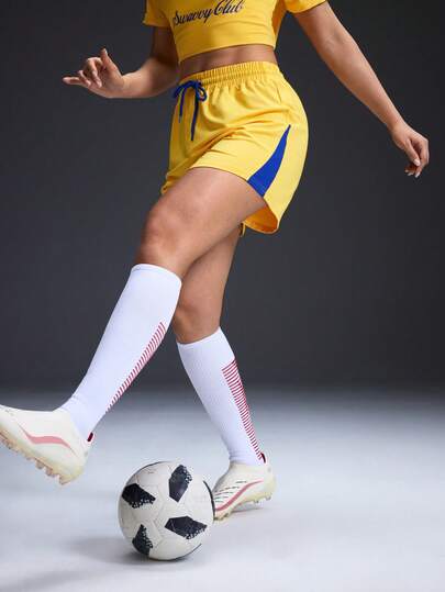  Powerista Women's Contrast Color Drawstring Waist Fitted Soccer Shorts Student Summer Football Game Suit  College Style Spring/Summer Casual Graphic Yellow Shors Football Jersey Style