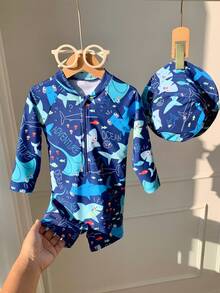 SHEIN 2pcs Baby Boy/Girl Casual Cute Shark Print Long Sleeve Swimsuit With Swim Cap, Suitable For Spring/Summer Vacation, Beach, Pool Party
